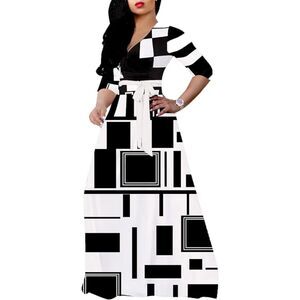 HipGlamp Casual 3/4 Sleeve Geometric Print V Neck Loose Party Maxi Dress Sz M